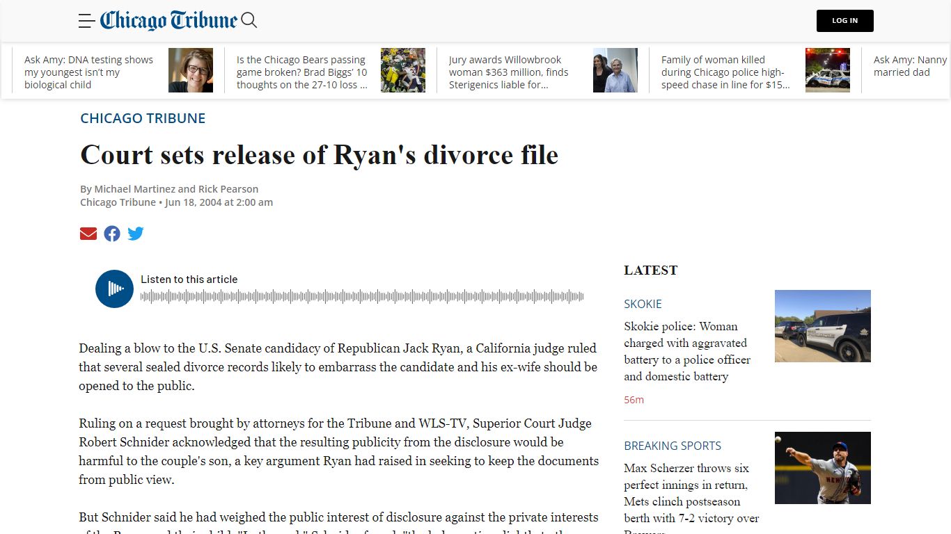 Court sets release of Ryan's divorce file – Chicago Tribune