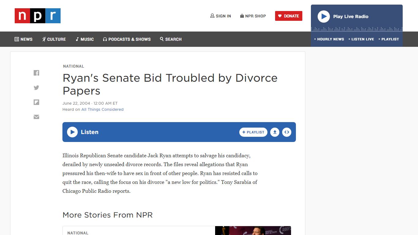 Ryan's Senate Bid Troubled by Divorce Papers : NPR